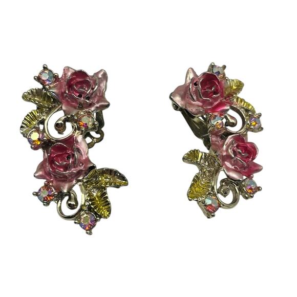 Vintage Pink Rose Enamel Clip On Earrings Floral Rhinestone Glitter Accents - Picture 1 of 4